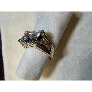 Large Rectangular Cut CZ Gold Tone 925 Sterling Silver Ring Statement Jewelry 10